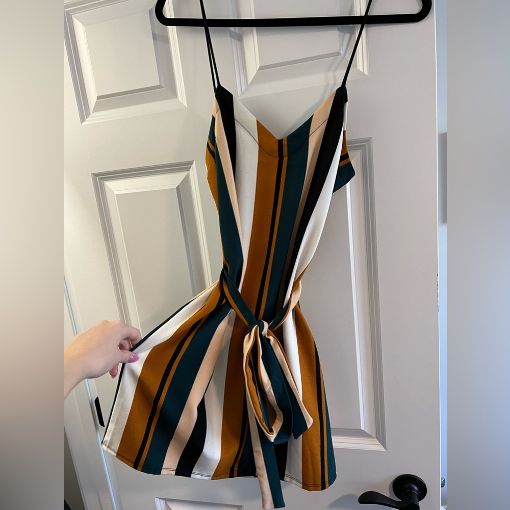 Striped dress with self tie belt